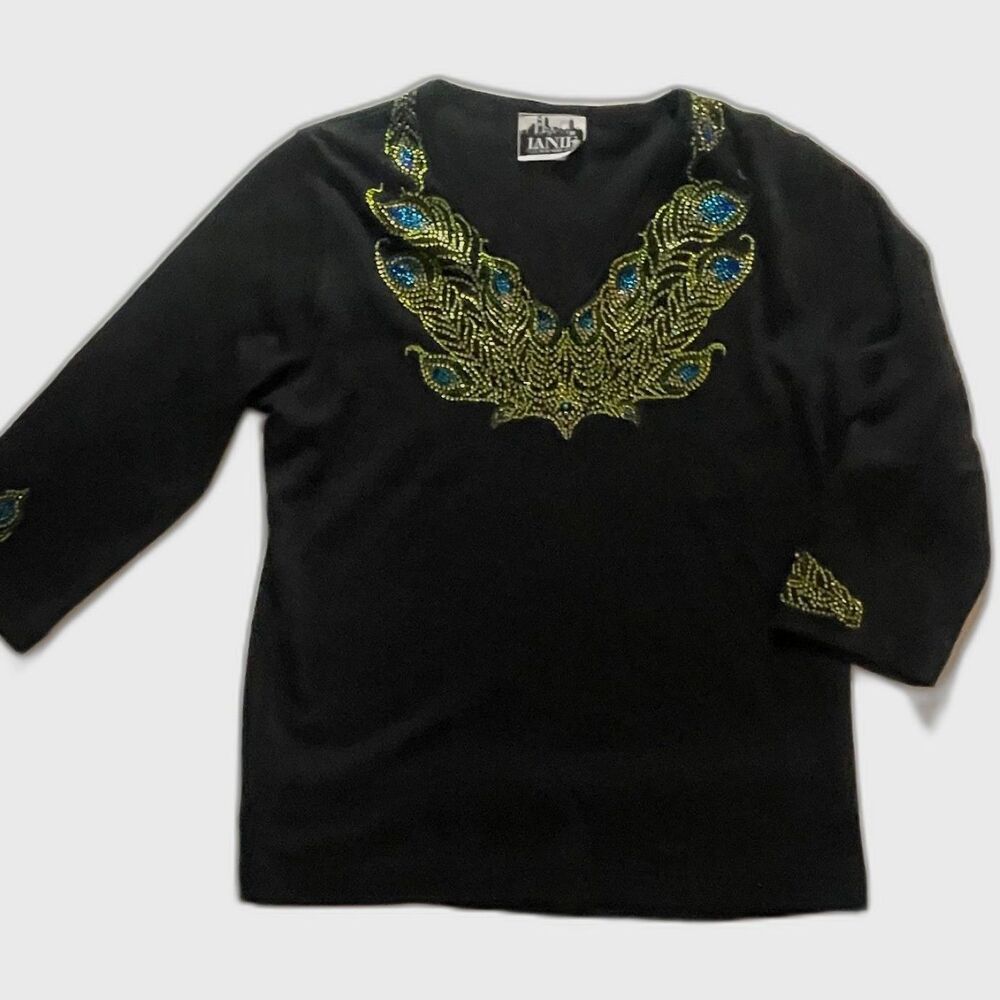 LANIE New York Black Cotton Top Peacock Rhinestone Embellished 3/4 Sleeve S